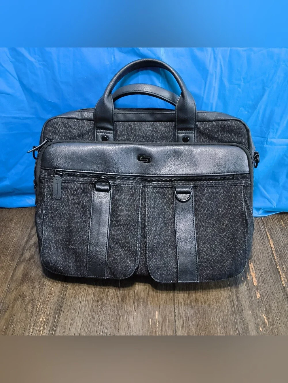​Solo New York Laptop Briefcase Messenger Bag Black Denim Faux Leather Business